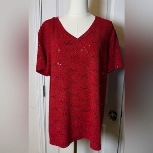 White Barn Red Sparkle V-Neck Shirt XL
